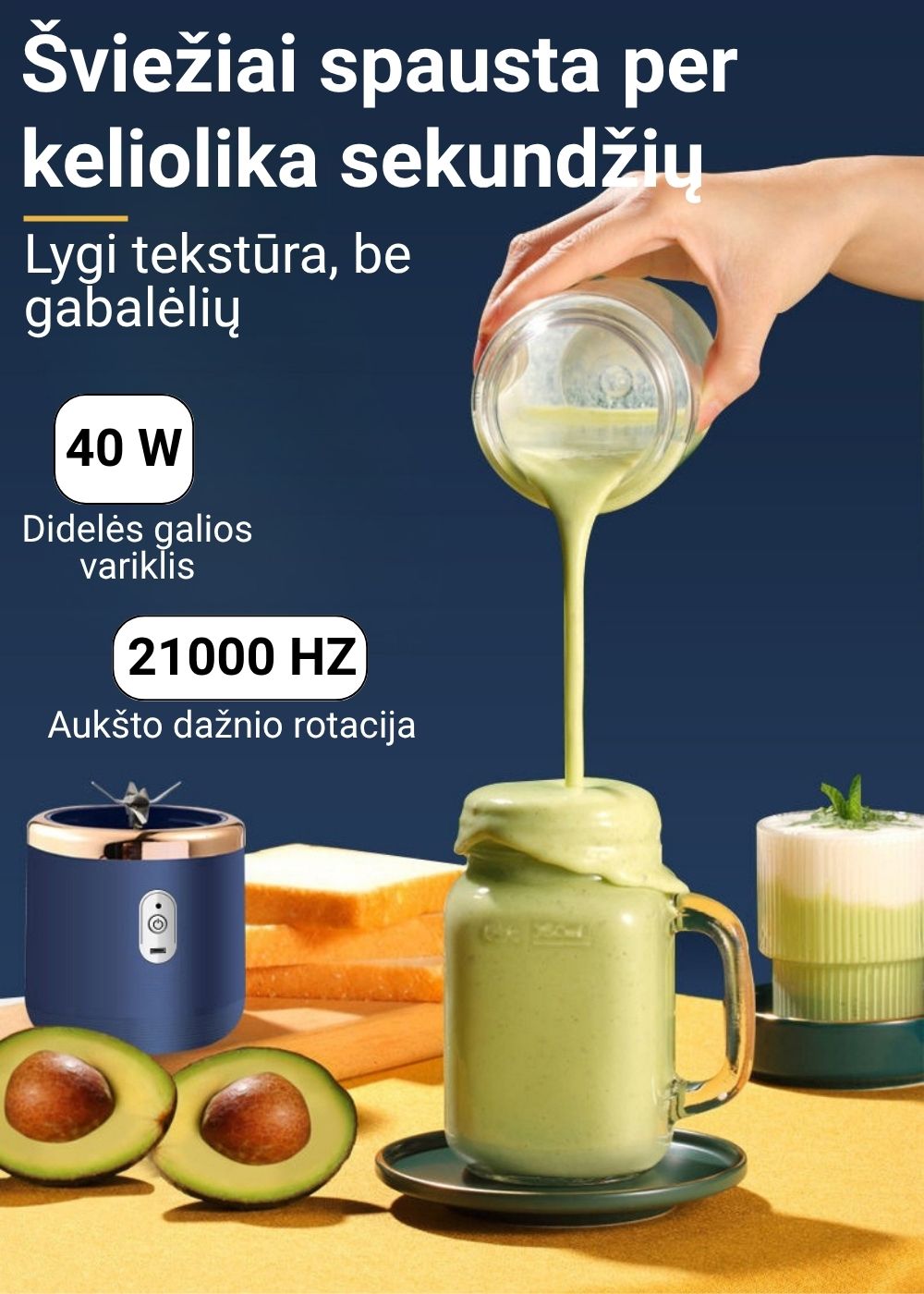 Avokadinis kokteilis pilamas į stiklinę Sklandus žalias kokteilis iš trintuvo FIT2 pilamas į stiklinę – greita plakimo demonstracija.